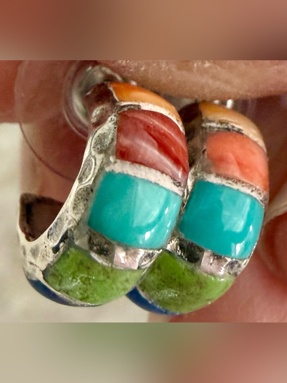 Sterling Silver Multicolor Enamel Huggie Earrings 1/2” Hoop